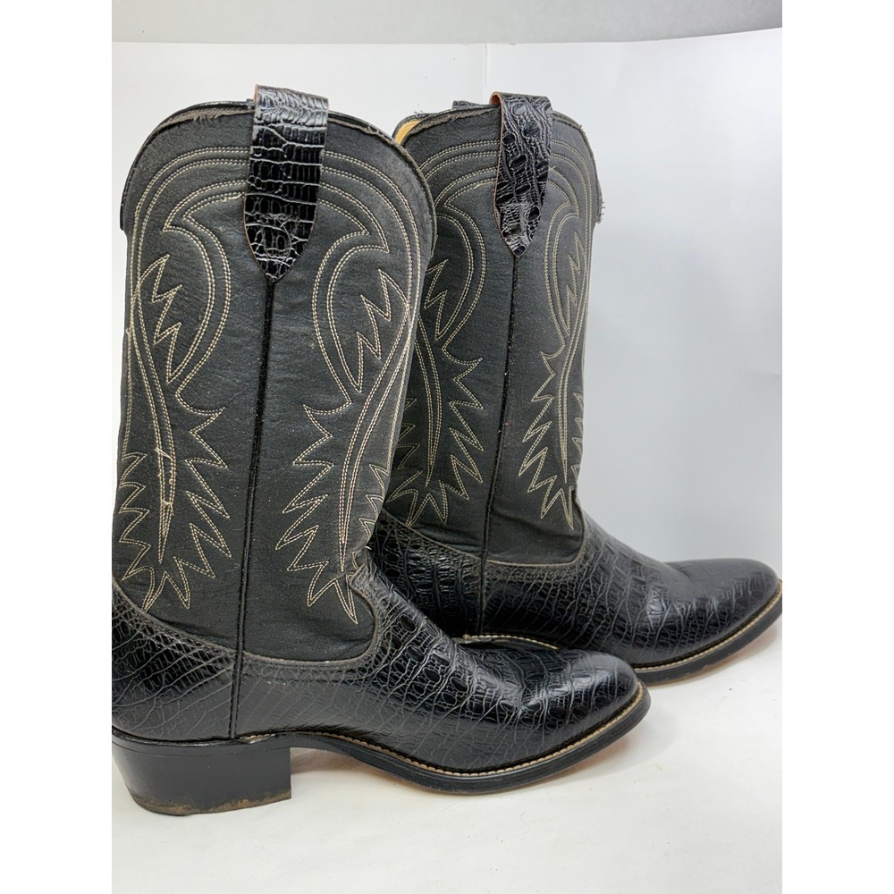 Laredo VTG Mens Black Caiman Gator Print Stitched Western Cowboy Boots 8D USA